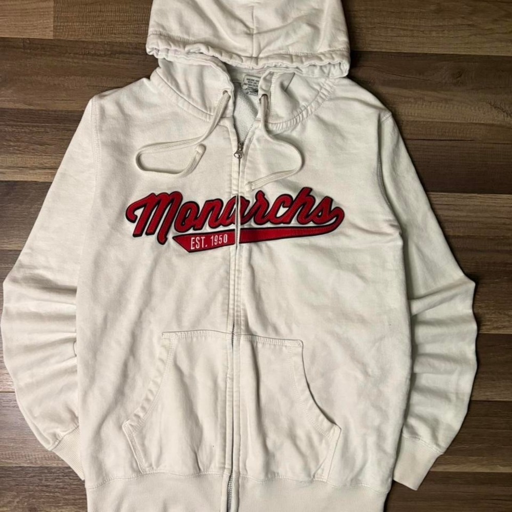 White zip up hoodie with red monarch lettering WOMEN SIZE L